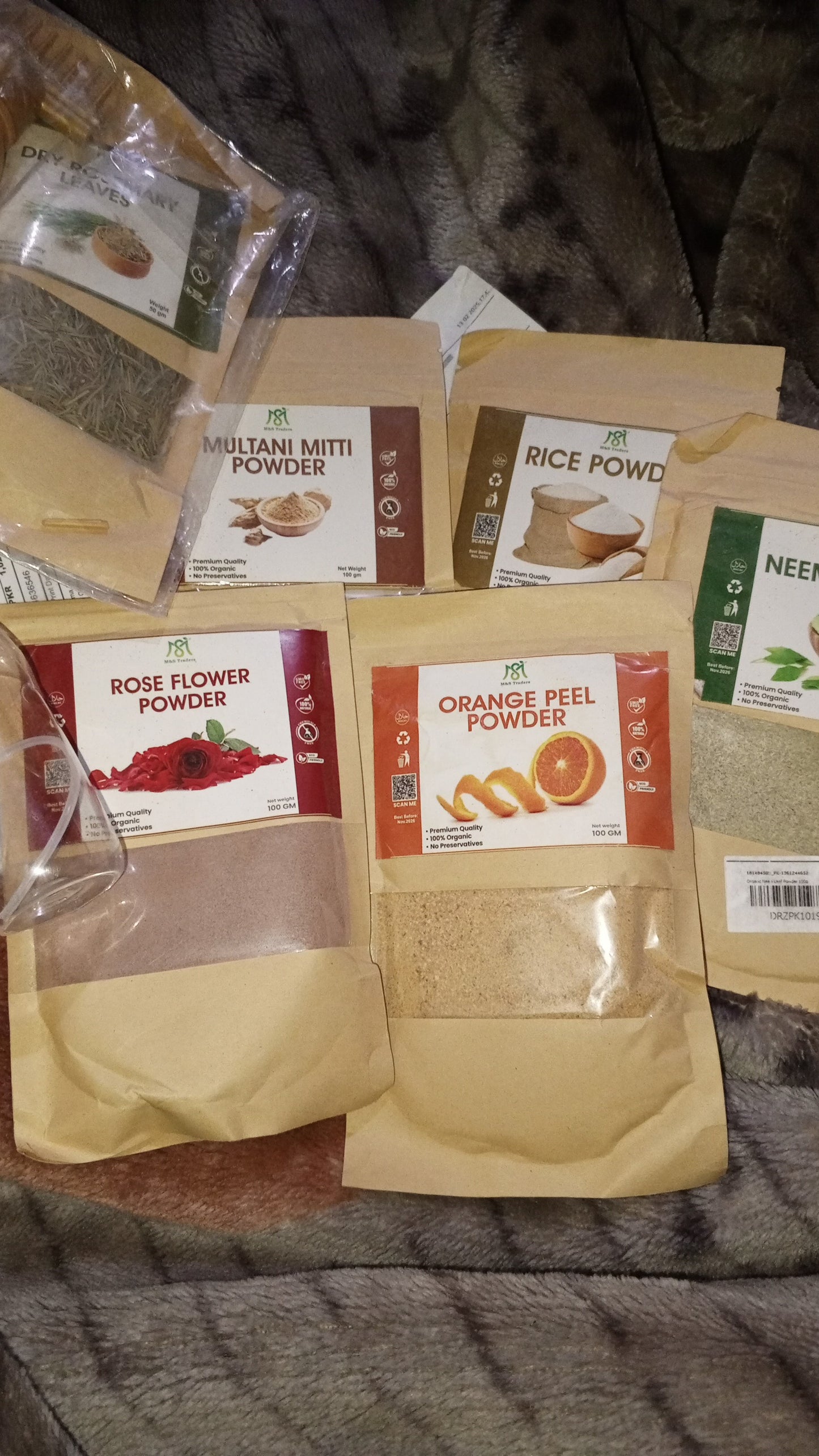 Pack of 5 Orange Peel Powder + Neem Leaves Fine Powder + Rose Powder +Multani Mitti + Rice Powder