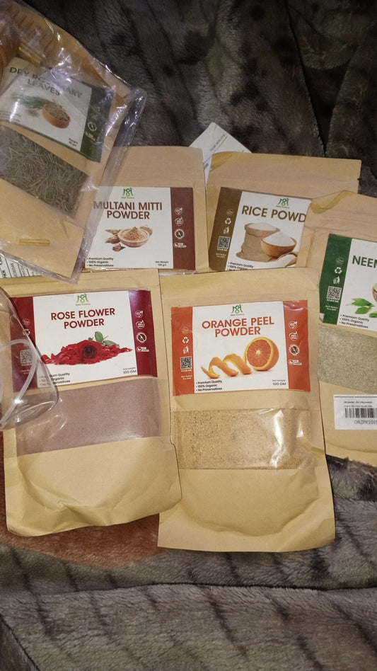 Pack of 5 Orange Peel Powder + Neem Leaves Fine Powder + Rose Powder +Multani Mitti + Rice Powder